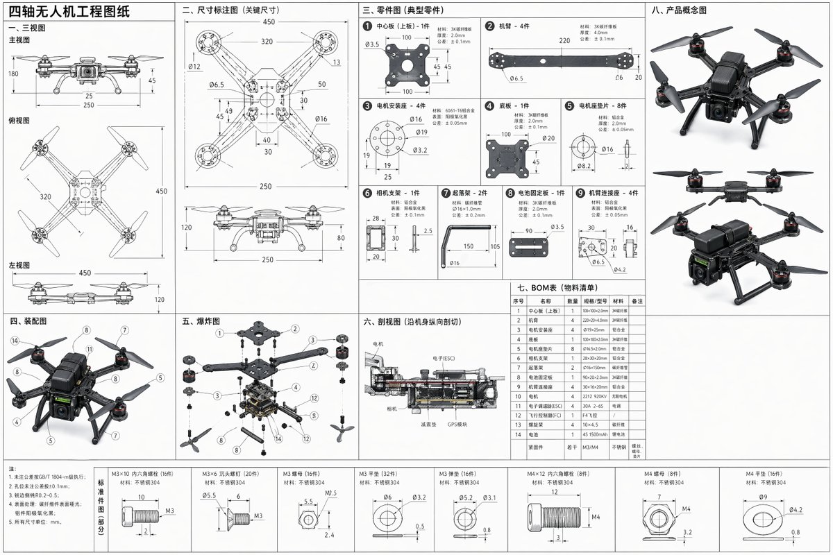 Technical drone engineering blueprint