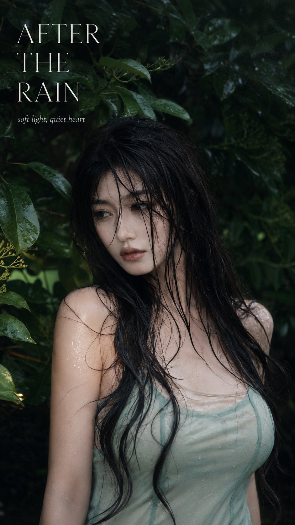Portrait typography cinematic rainy garden aesthetic
