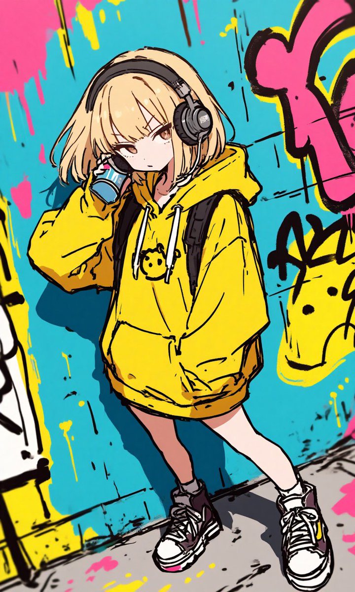 Girl anime illustration, street, cool tones, cute.
