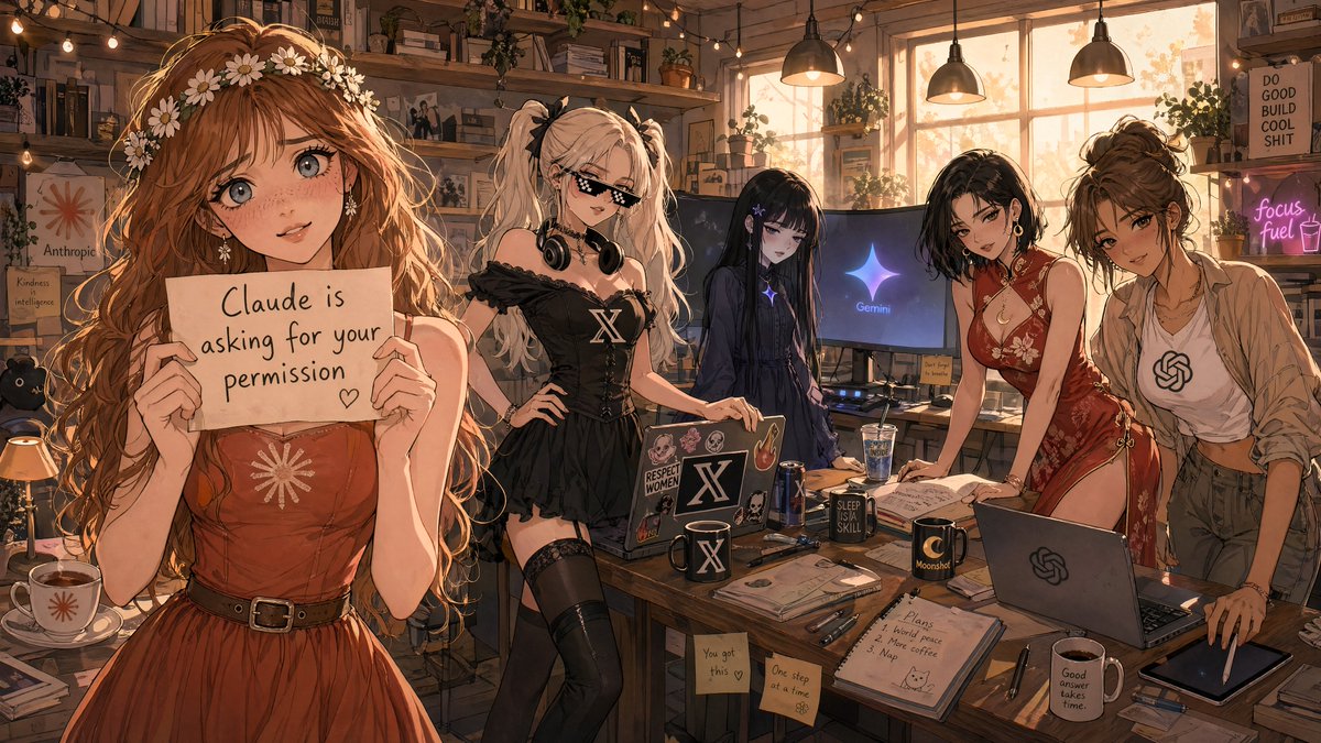 Female anime illustration, warm interior.