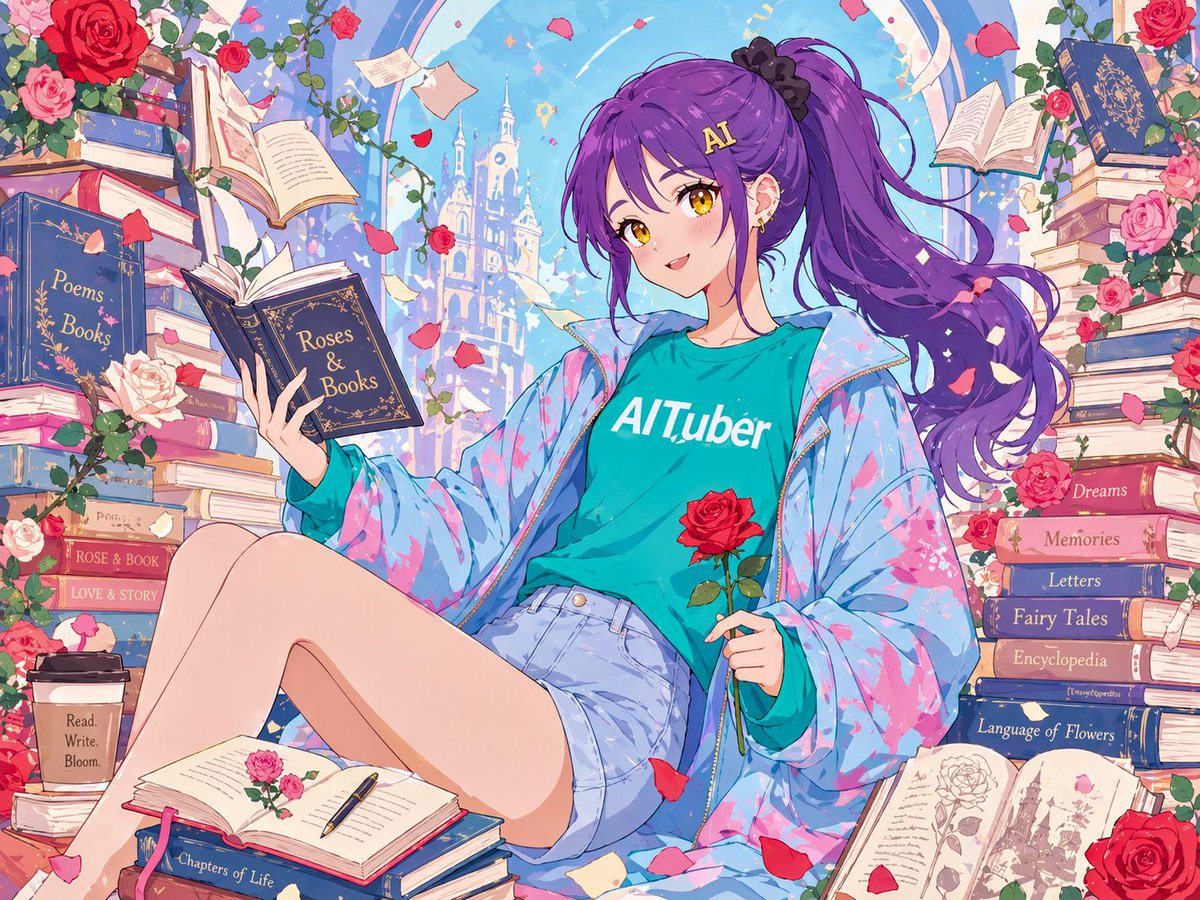 Dreamy city female anime illustration.