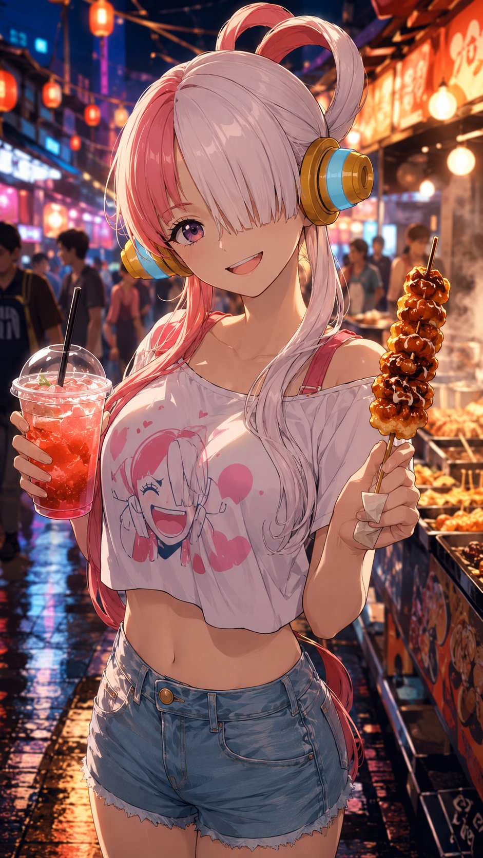 Anime character illustration neon night scene