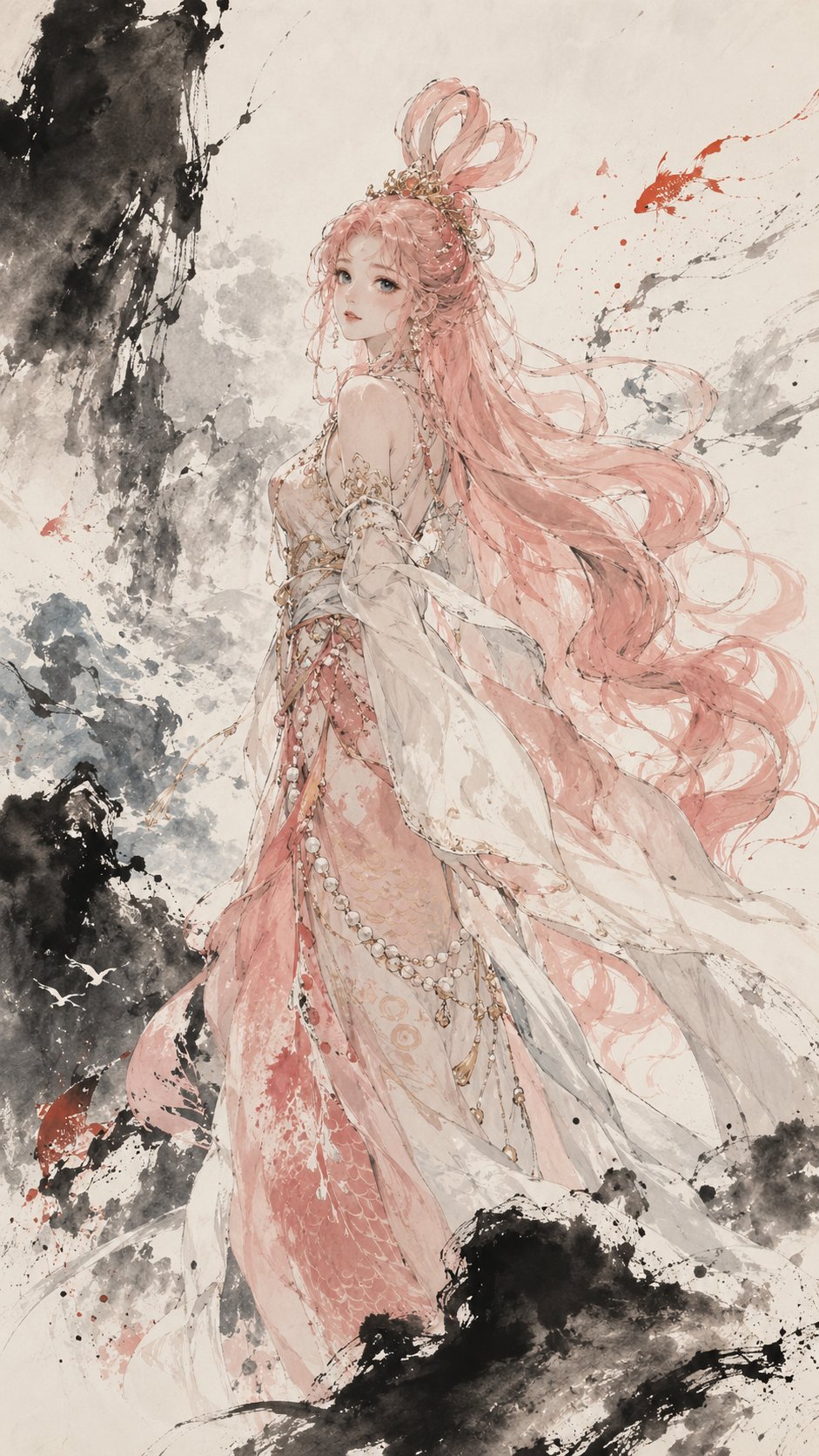 Vertical splash-ink figure—anime female character in freehand ink wash