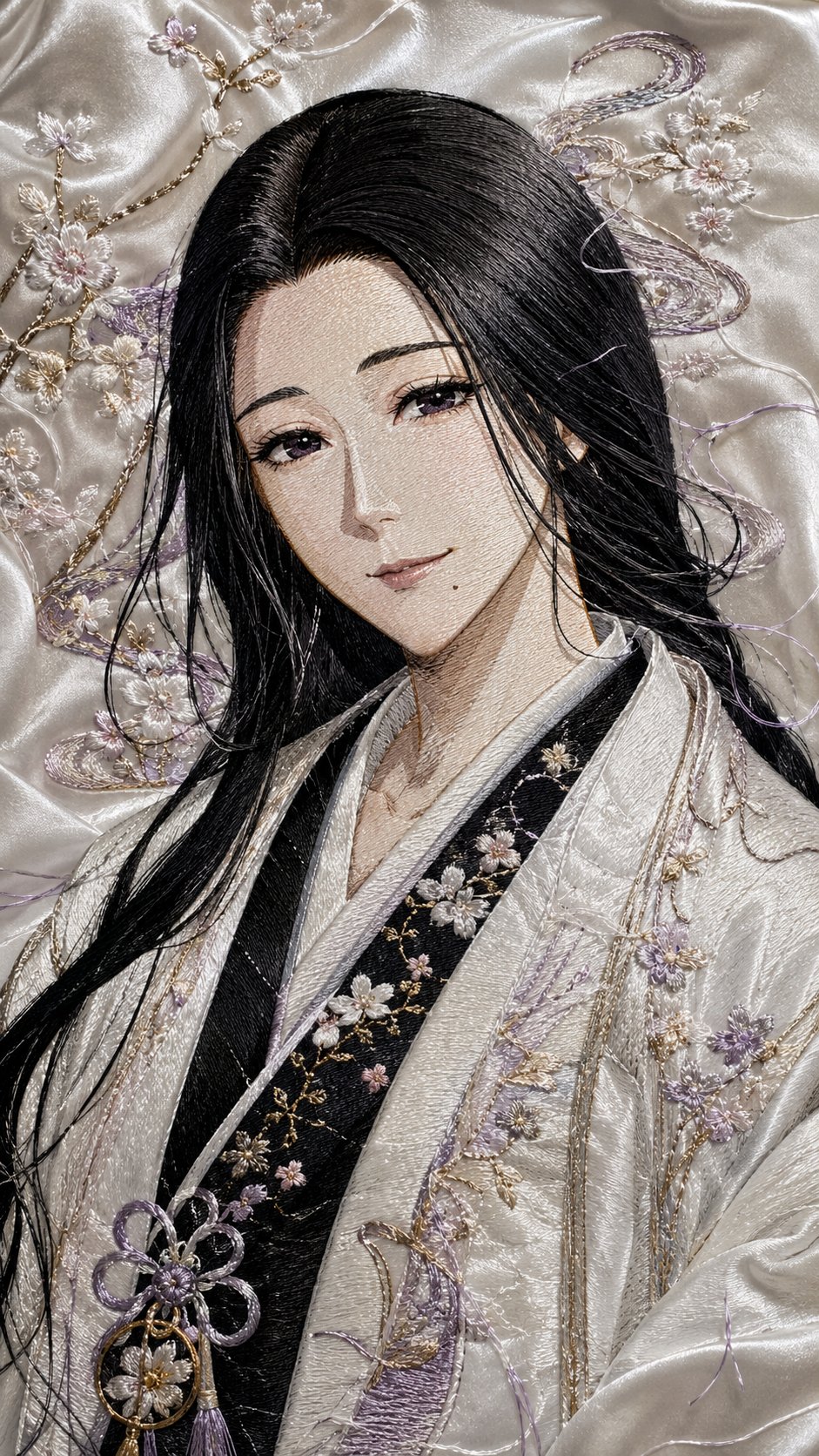 Embroidered panel vertical portrait—anime female character rendered in silk thread
