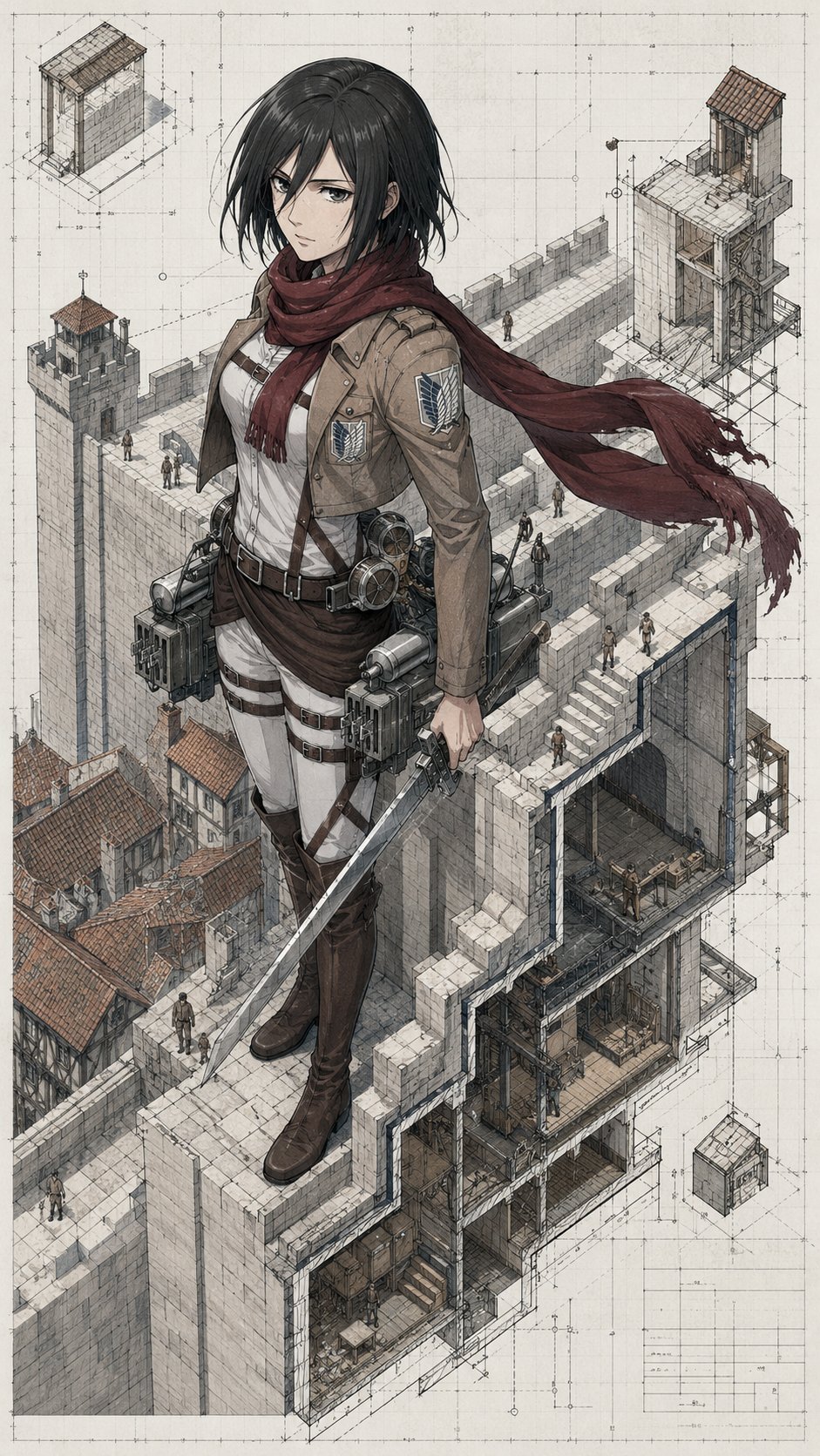 Architecture illustration anime cool tone
