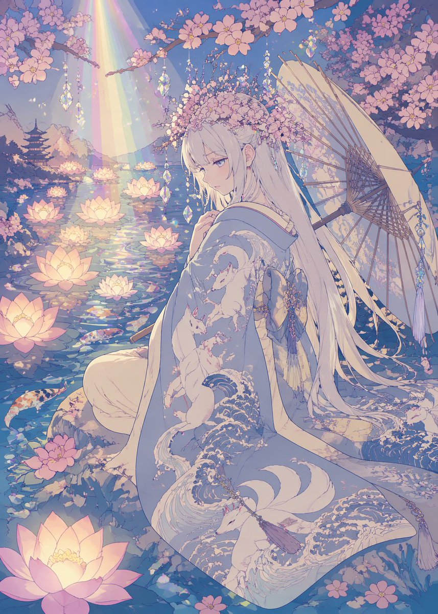 Girl anime illustration dreamy garden melancholy