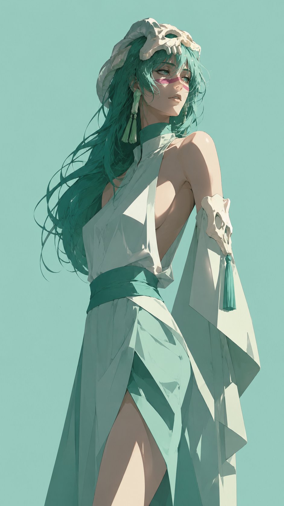 Female cel-shaded illustration cool tone elegant.