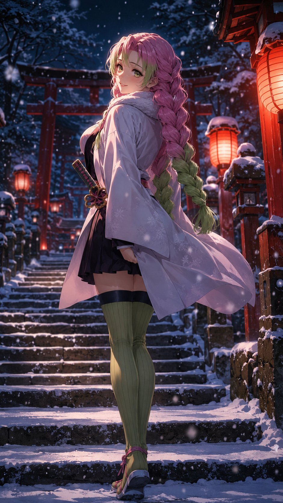 Demon Slayer characters anime realistic snowy night scene elegant
