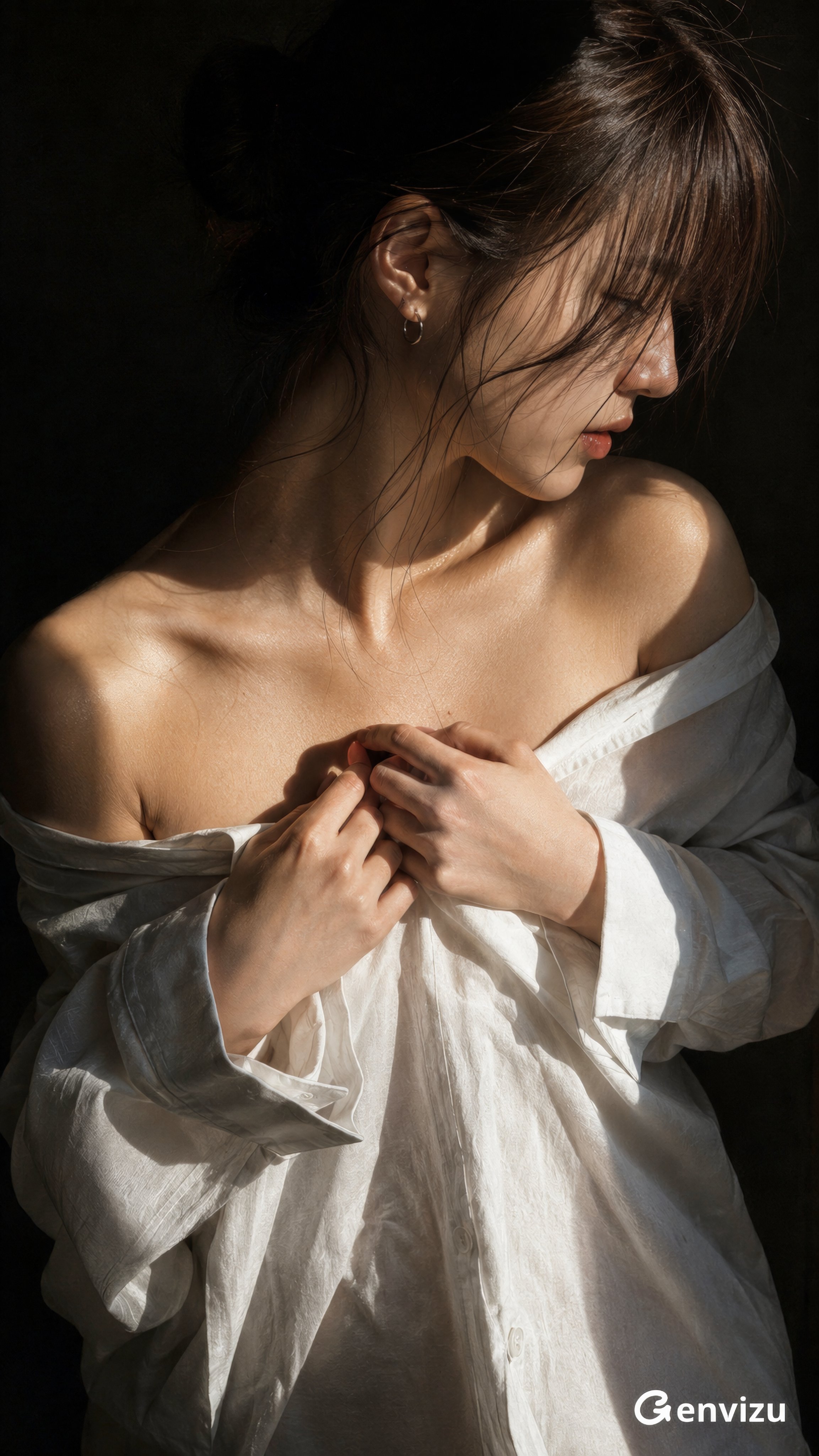 Cinematic film-style portrait with dark studio atmosphere
