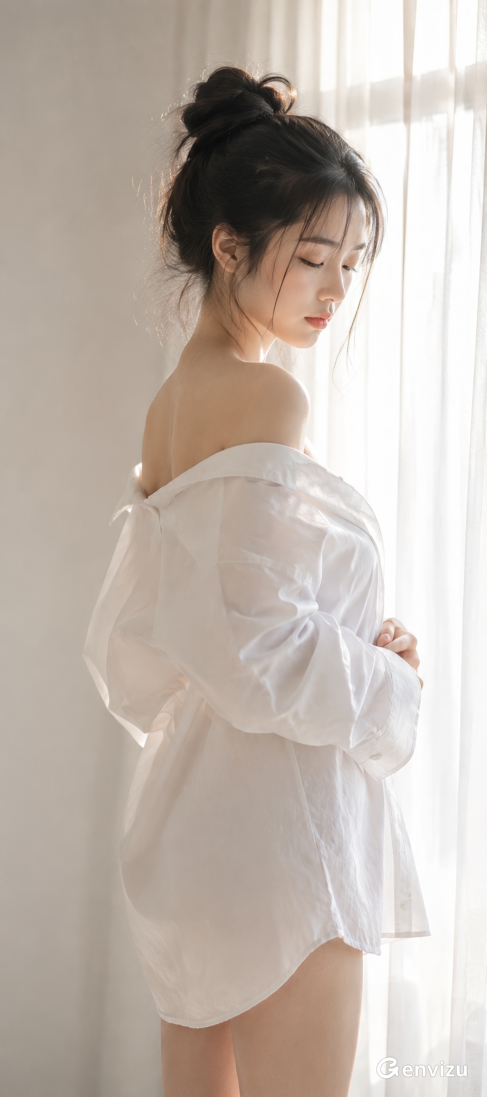 White shirt portrait film photorealistic morning cosmic elegant