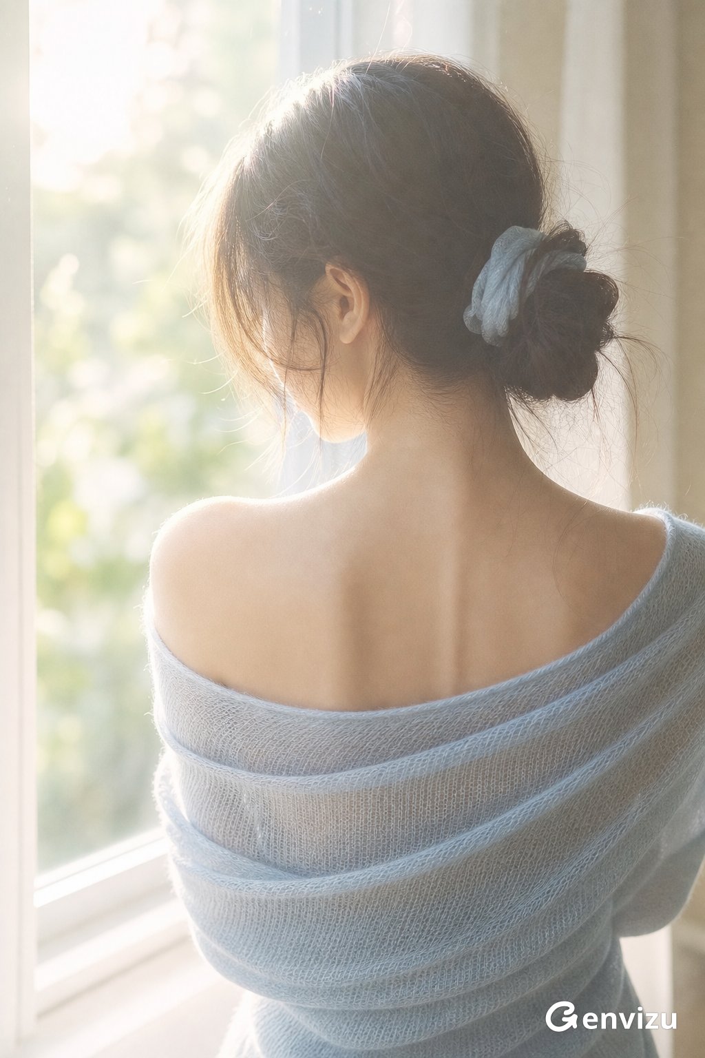 Loose Light Mist-Blue Knit Sweater Woman: Realistic Early-Morning Warmth