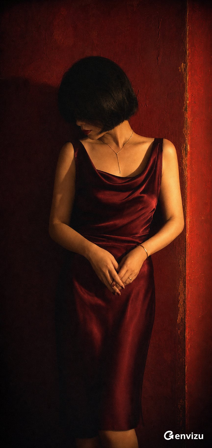 Deep Red Realistic Retro Fashion Portrait