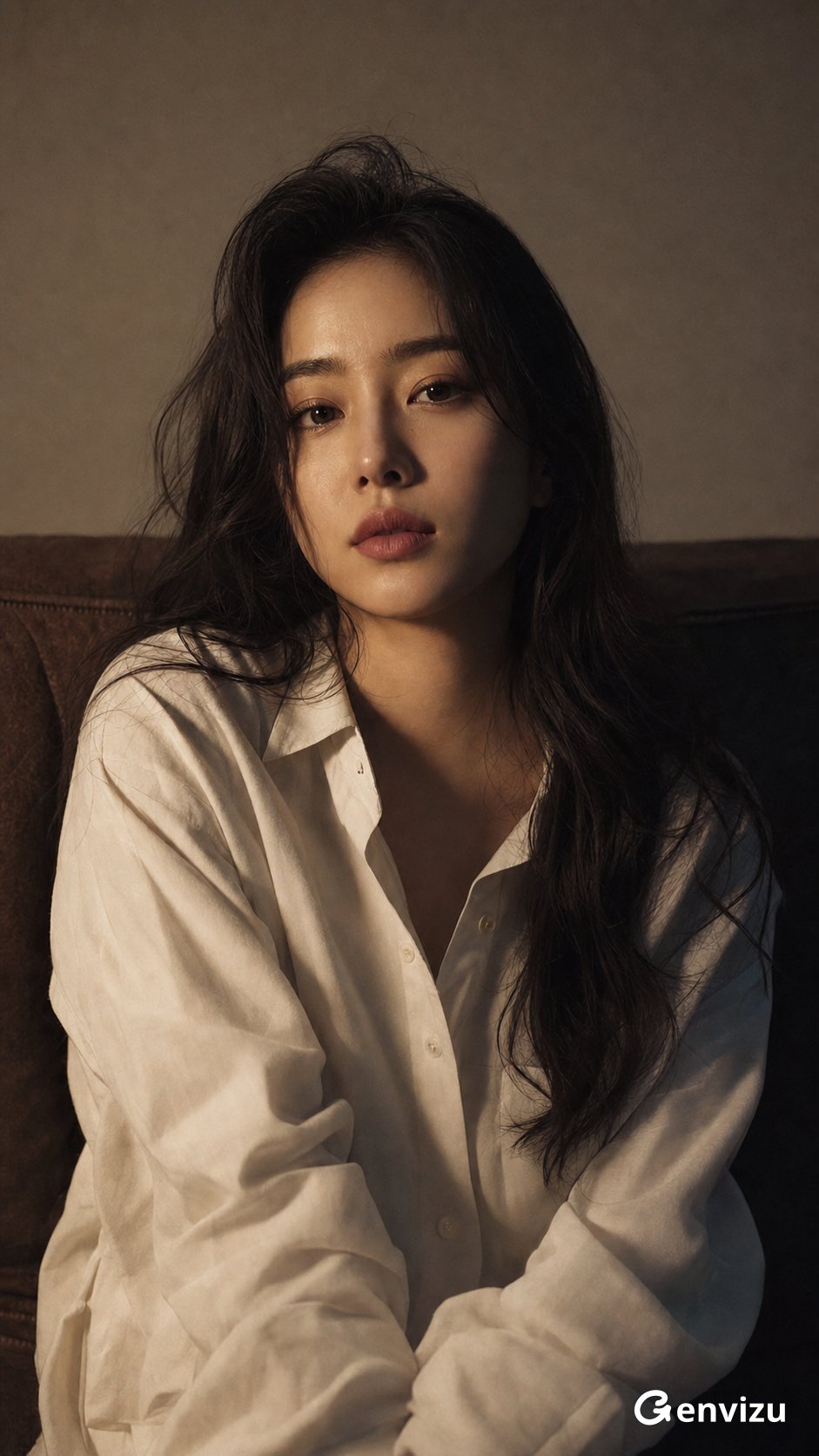 Vertical low-light realistic editorial portrait photography
