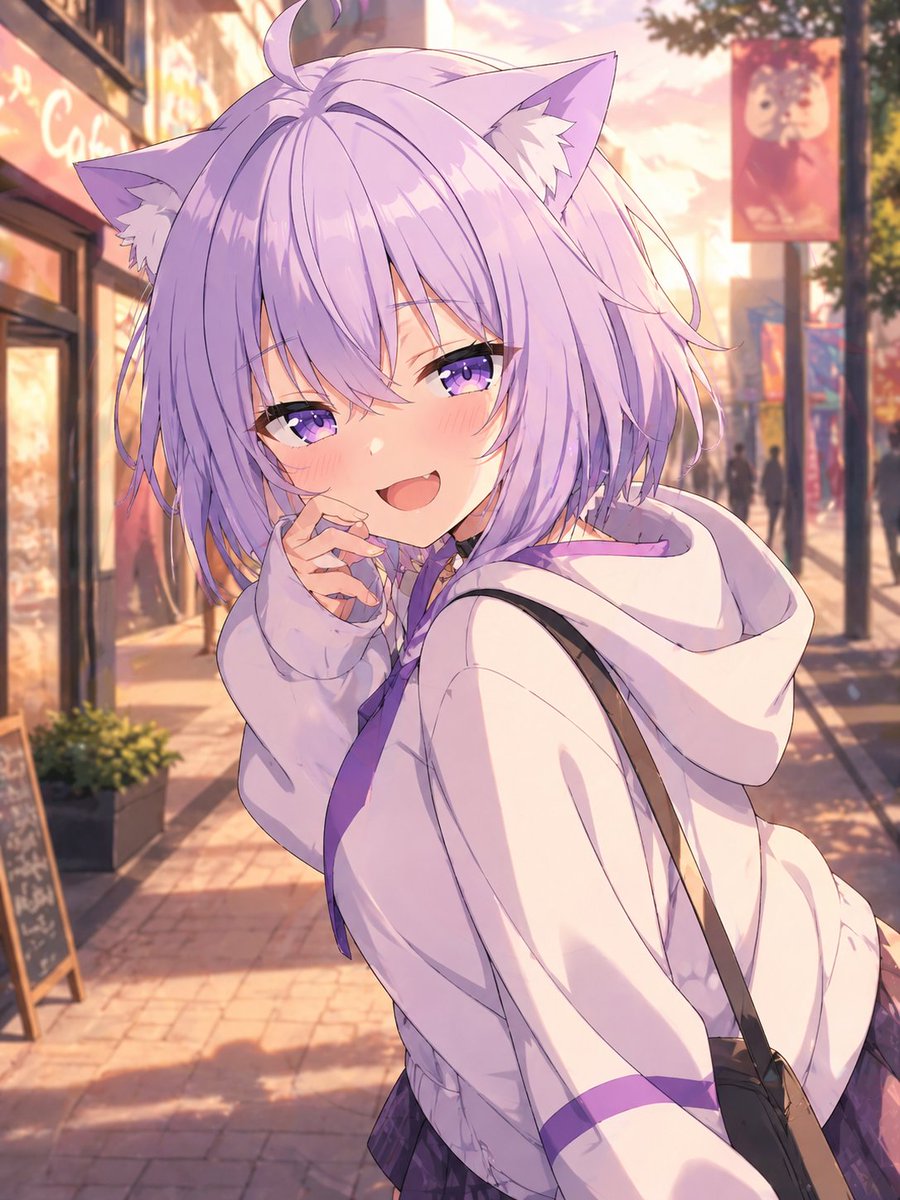 Cat anime illustration city street dreamy