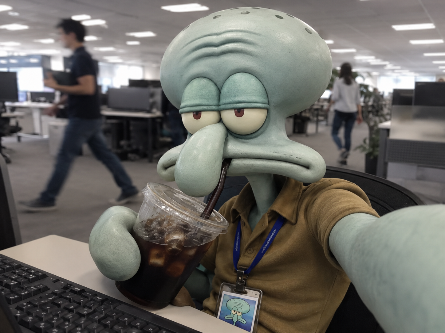 A relaxed Squidward in selfie view, with a slightly annoyed and tired expression, lazily...