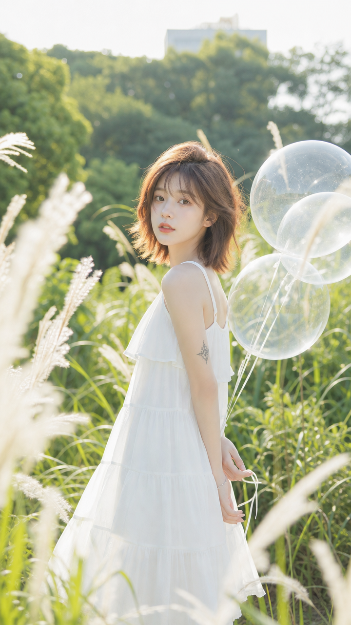 This is an outdoor natural-light environmental portrait in a Japanese fresh style; the main subject of the image is a young…