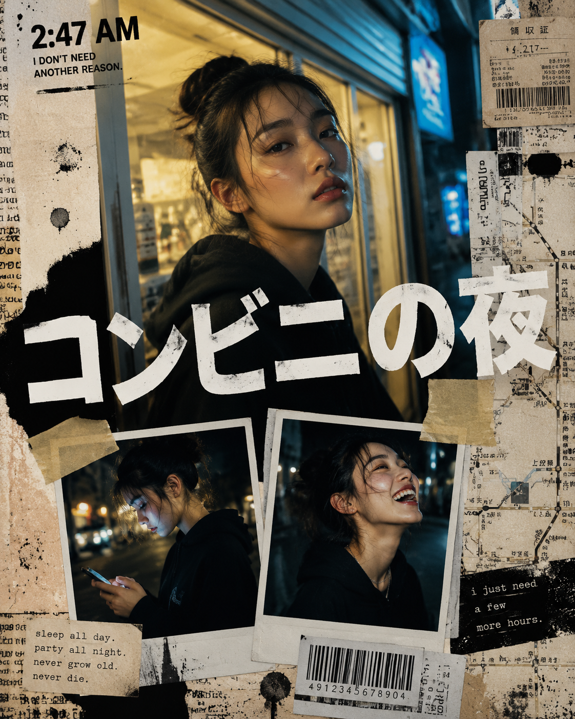 Y2K Japanese street editorial collage poster, young woman with East Asian features, late at night at a convenience store entrance…