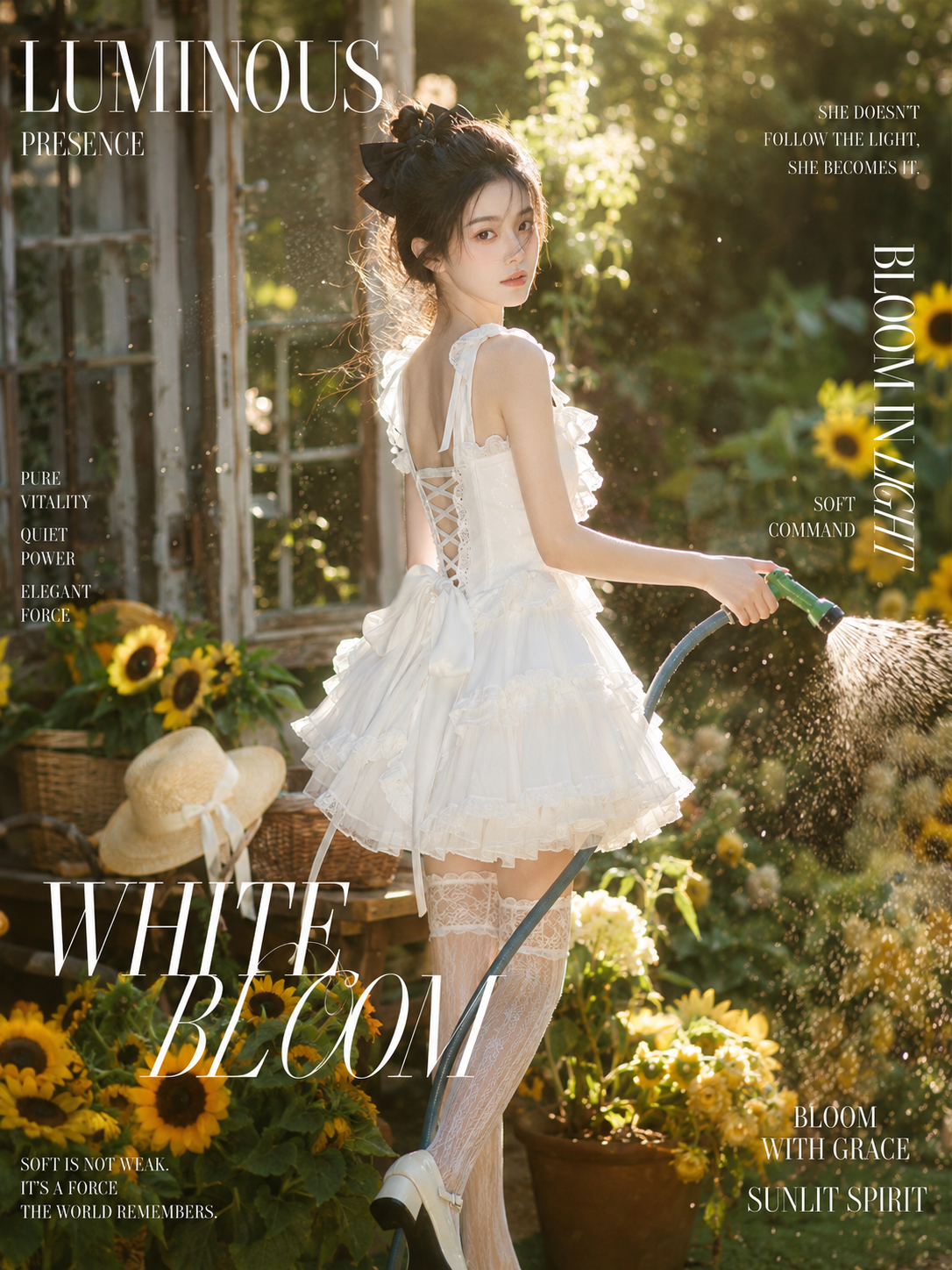 Aesthetic magazine photo poster in a summer garden, a young adult Asian woman, cool and aloof pale face…