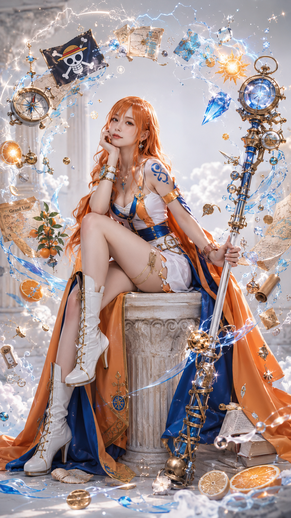 Nami (One Piece), adult character live-action cosplay, realistic photographic texture…