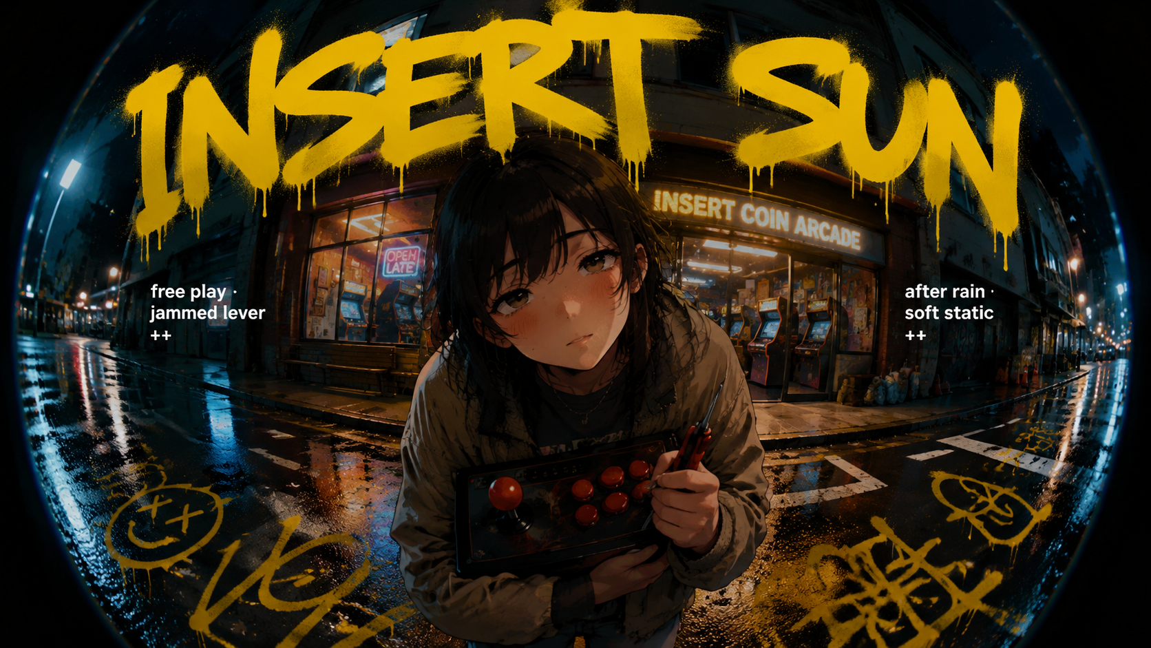 Fisheye wide-angle late-night street poster, 16:9 horizontal — using extreme sports camera-level…