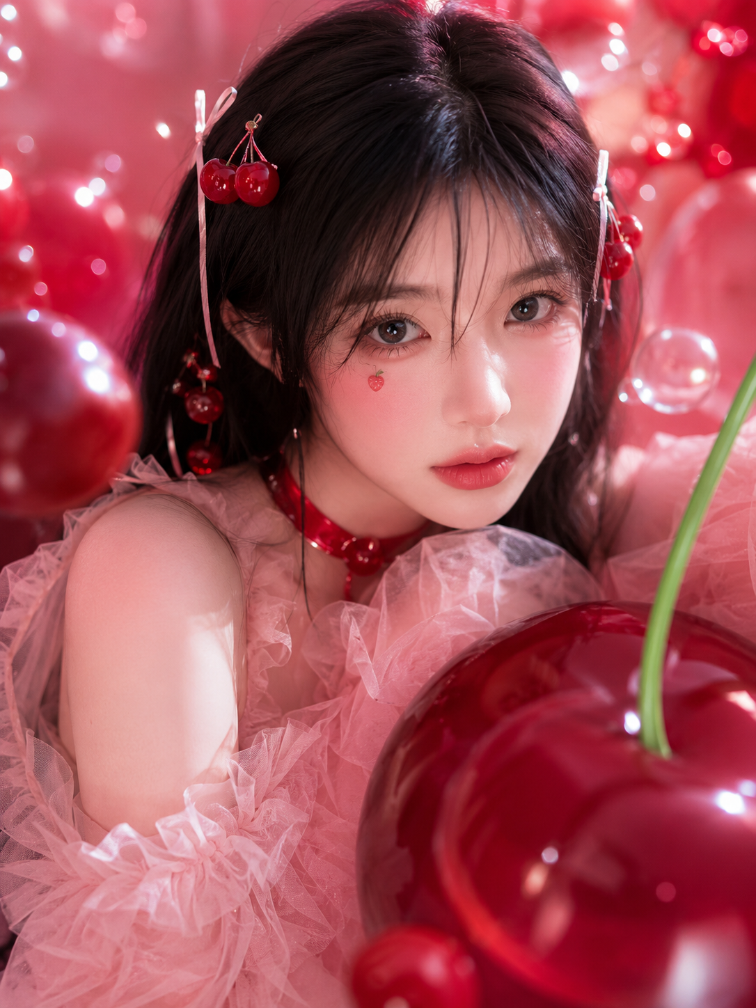 This photograph shows a woman full of girlish charm, placed in a dreamlike, cherry…