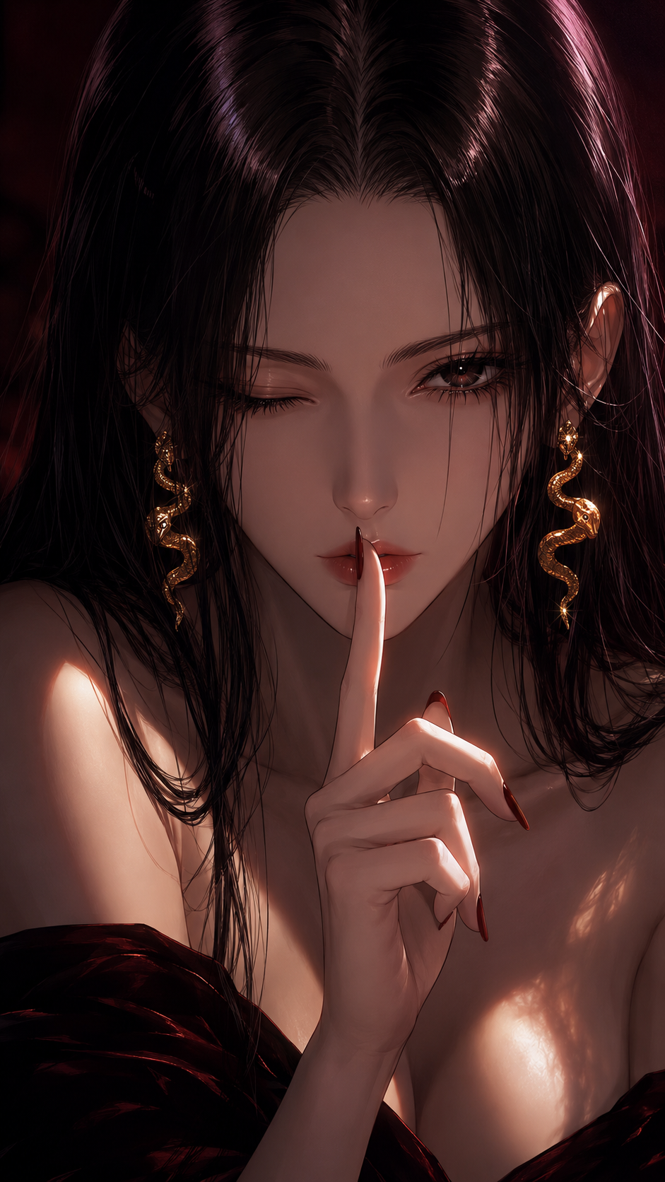 Vertical 9:16 dark-toned semi-realistic anime portrait, Hancock facing forward close to the camera, the image...