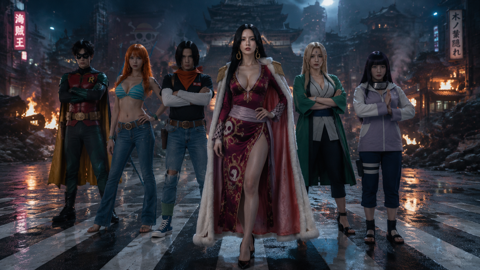 Refer to the composition and character positioning of this image to help me generate a virtual game still, live-action Han Kao…