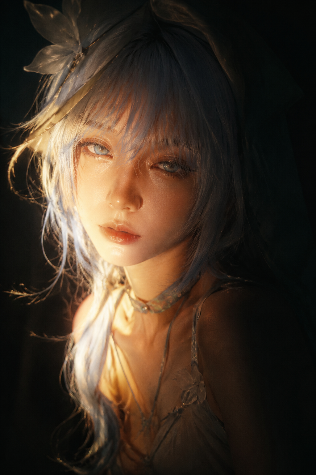 20-year-old East Asian adult female cosplay model, cosplaying the character Shorekeeper (Wuthering Waves)…