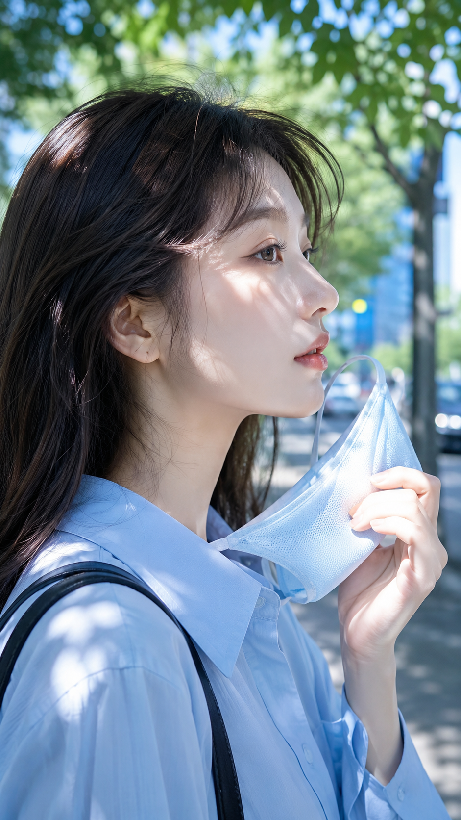 9:16 vertical composition. Summer commute natural light photography, close-up of a girl's side profile,