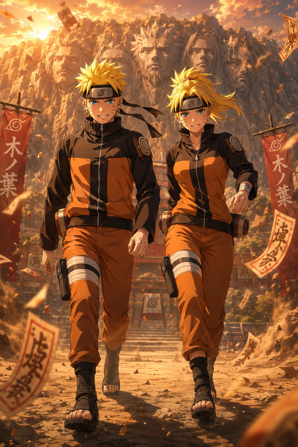 Two adult versions, male and female versions of the same original ninja character, the male version on the left…