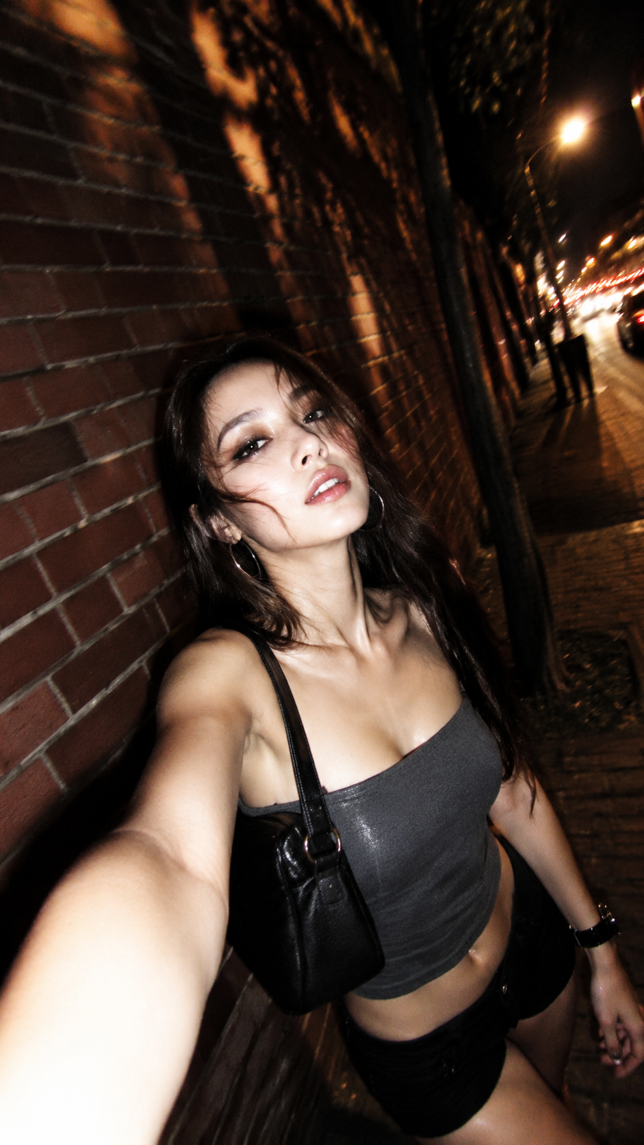 Photorealistic and natural. Vertical 9:16 ultra-wide handheld direct flash night street selfie, Douyin hot…