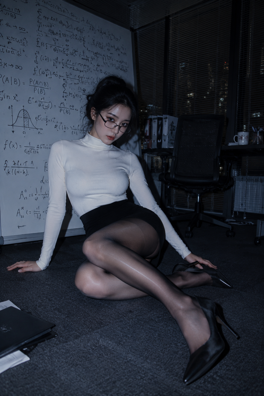 Nighttime office scene, cold blue dark-toned atmosphere, CCD direct flash photography style, vertical …