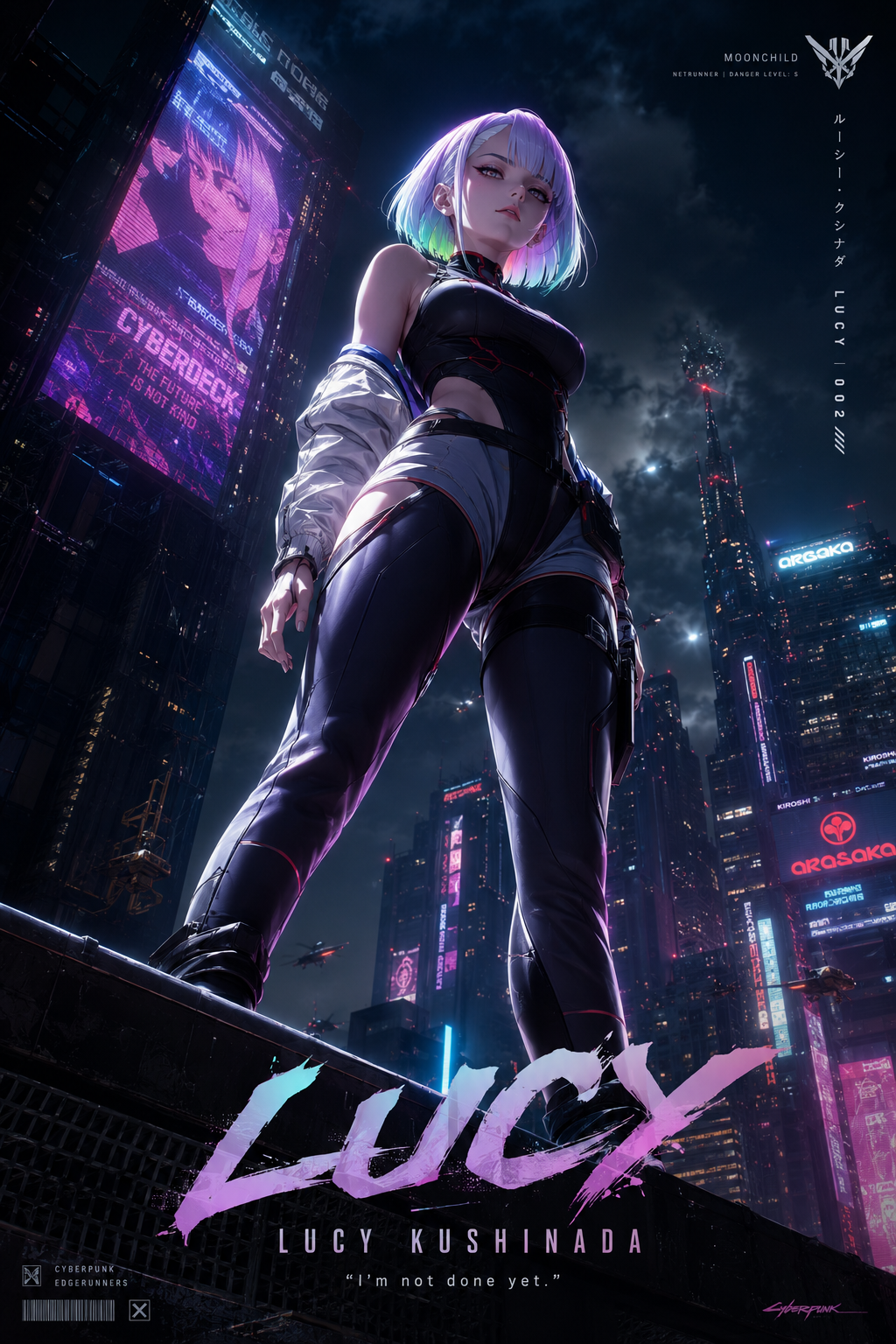 Cyberpunk: Edgerunners Lucyna Kushinada character poster, standing on a skyscraper rooftop…