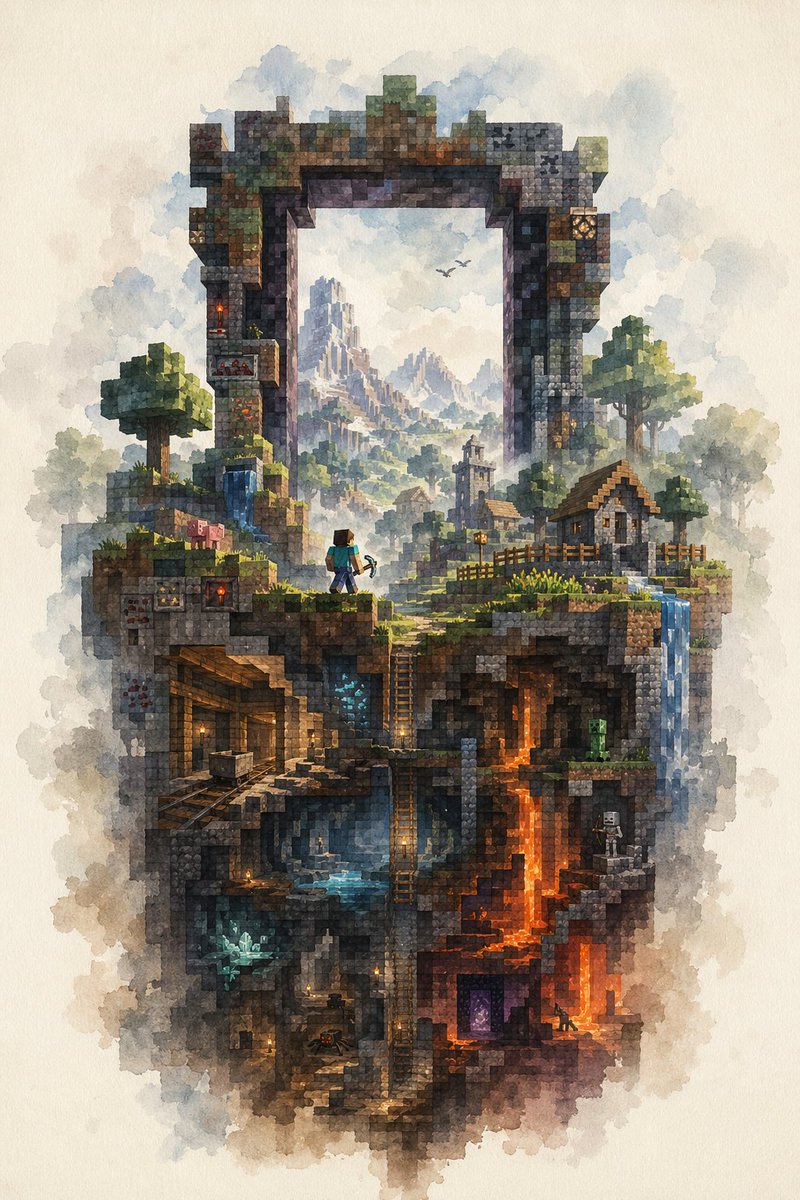 Bird illustration watercolor ruins mountain dreamy
