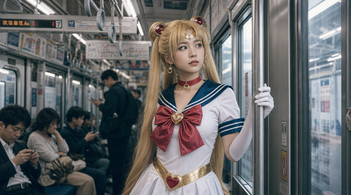 Main content: A young woman, wearing an anime character outfit in classic sailor suit style, overall…