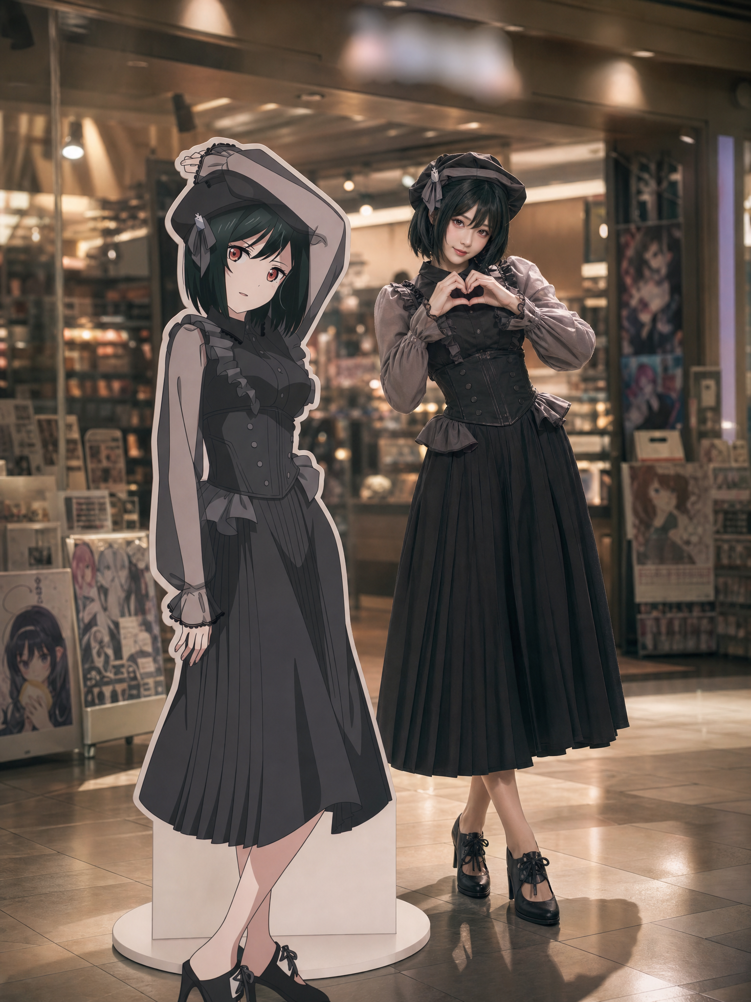 Draw a life-size standee of the character in the image, placed in a game merchandise store in a shopping mall...