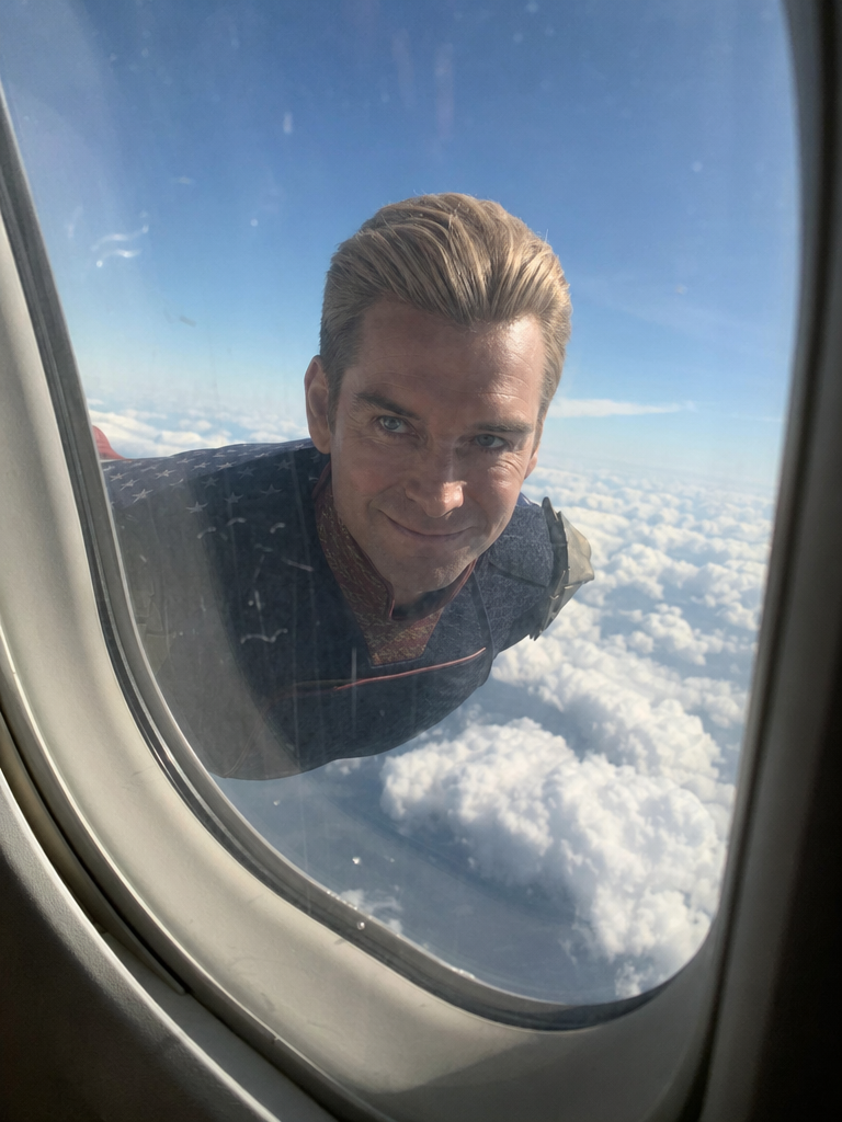 POV perspective, looking out from a passenger plane window, Homelander from The Boys is flying alongside the plane…