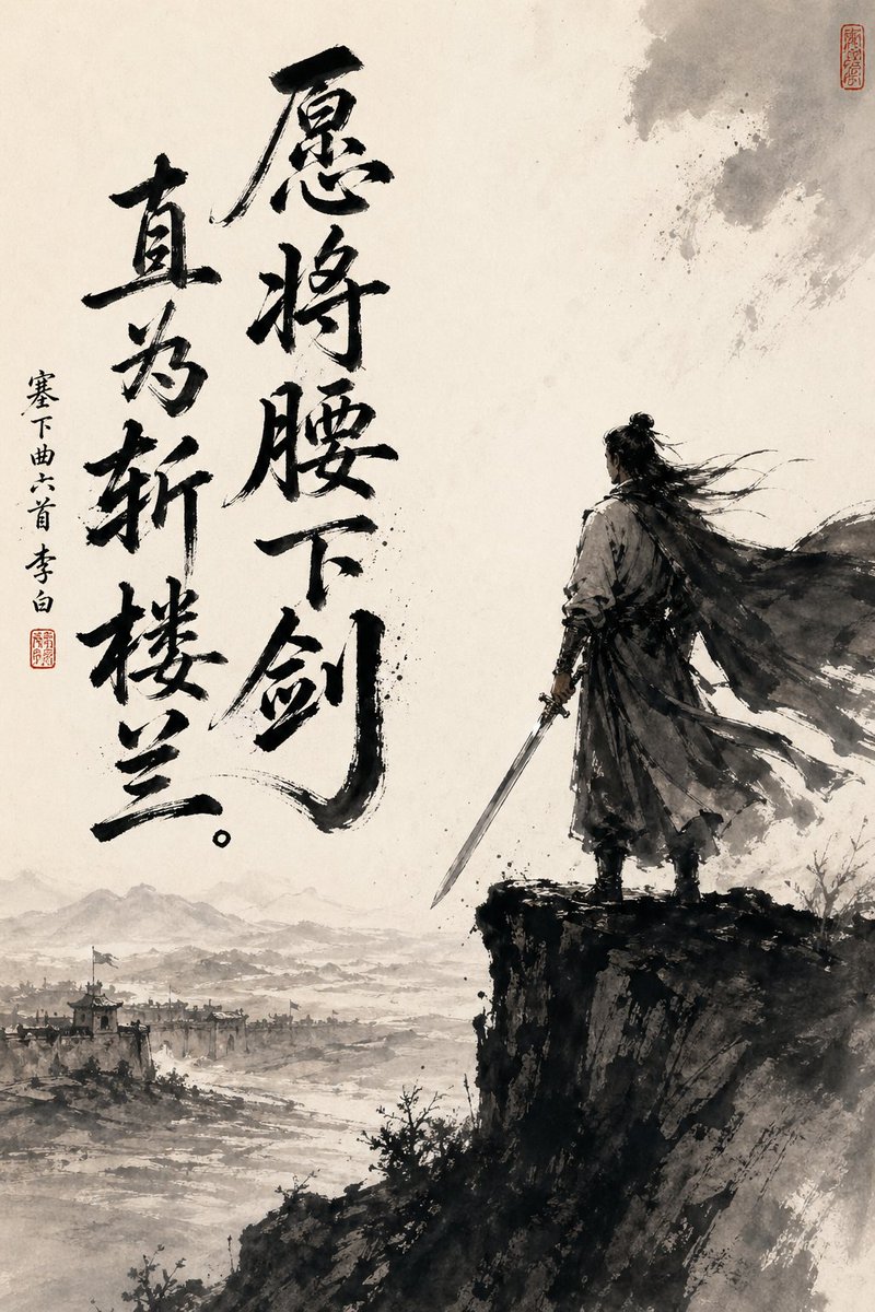 Chinese ink wash swordsman and calligraphy