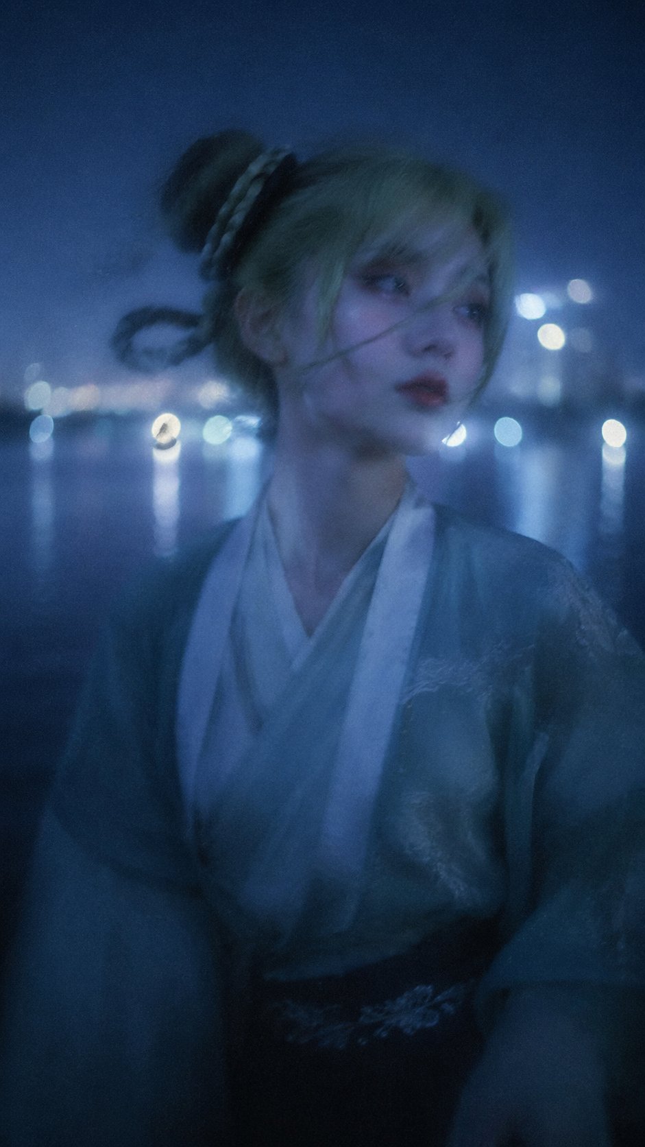 Blue-tone night dreamcore photography style