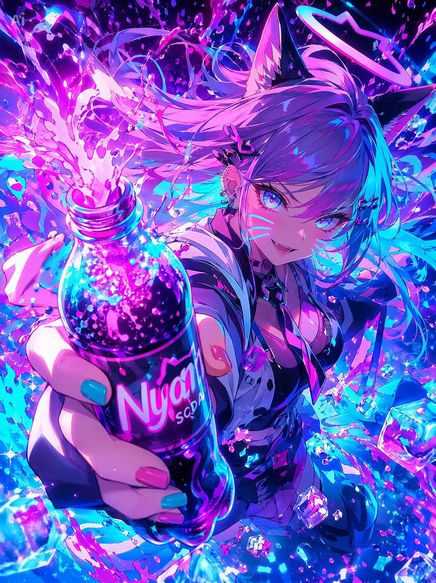 Cat anime illustration neon future cute