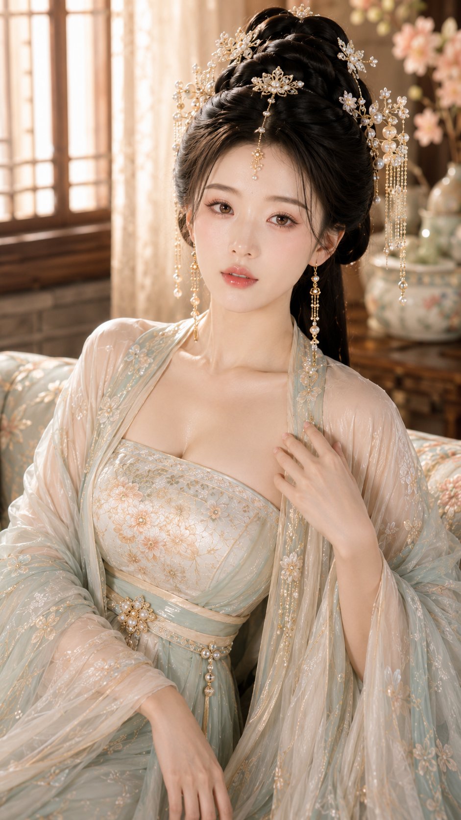 GPT-generated ancient-style beauty portrait: milk apricot amber highlight water-glow makeup