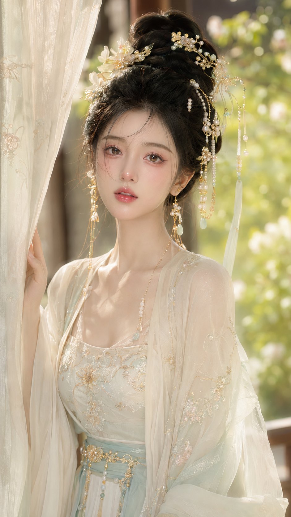 Let's do a set of "Ancient-Style Noble Lady Floral Shadow Water-Glow Makeup" × "Afternoon Courtyard Beauty Close-Up"