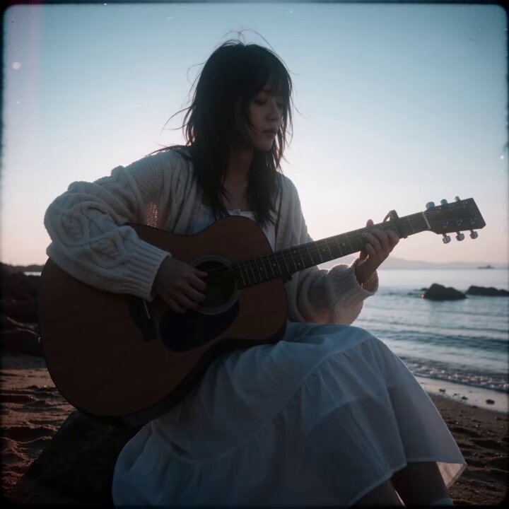 Seaside Guitar × Dark-Tone Film × AI Prompt Sharing: