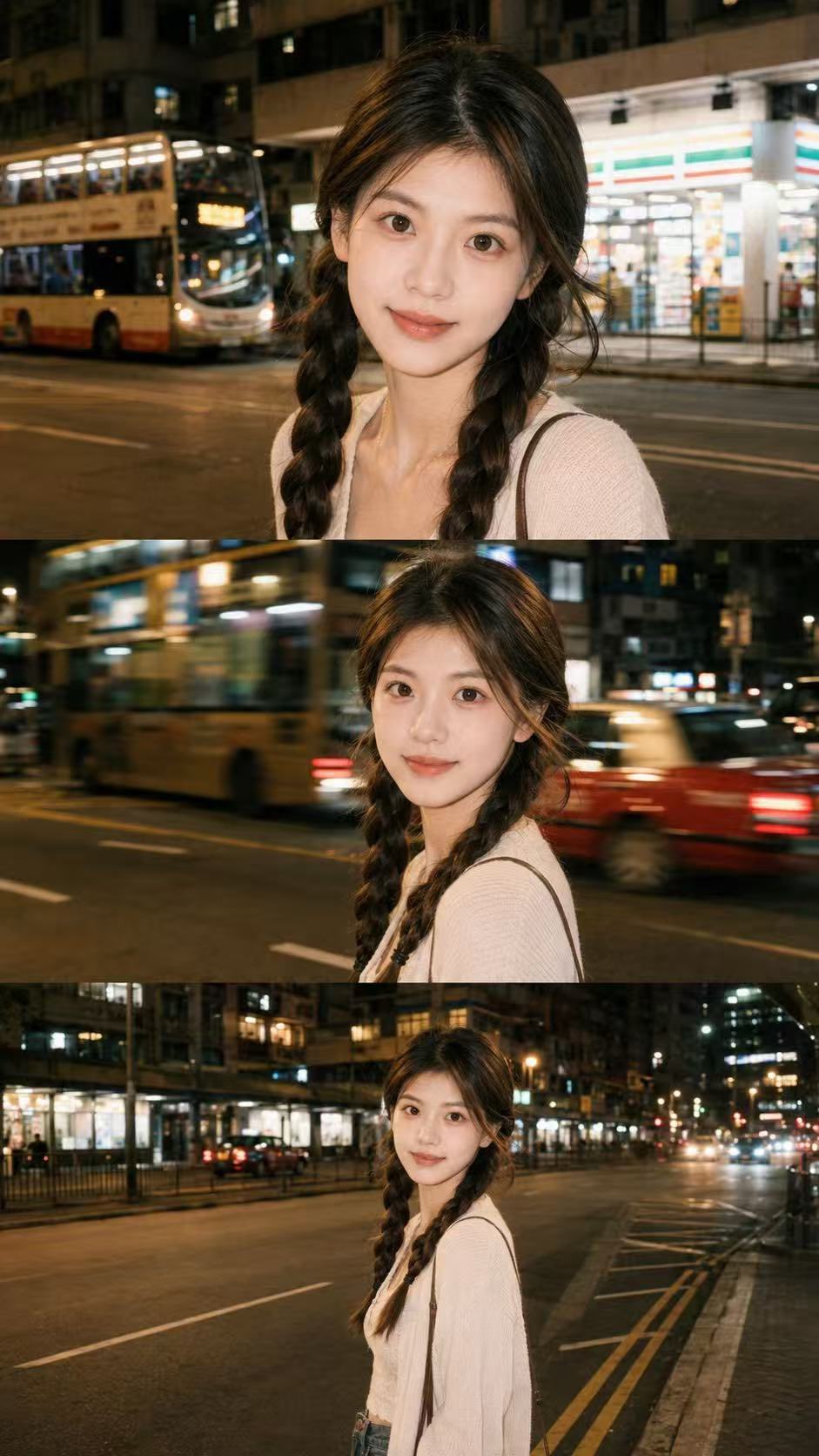 Real urban street photography three-panel night portrait.