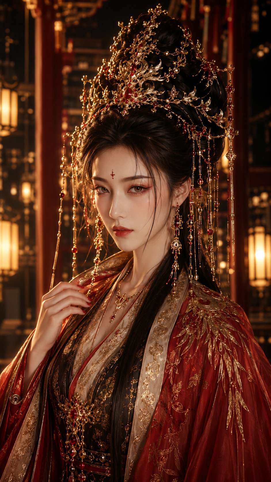 Crimson and Gold Ornaments Ancient-Style Xianxia Heroine Character Poster