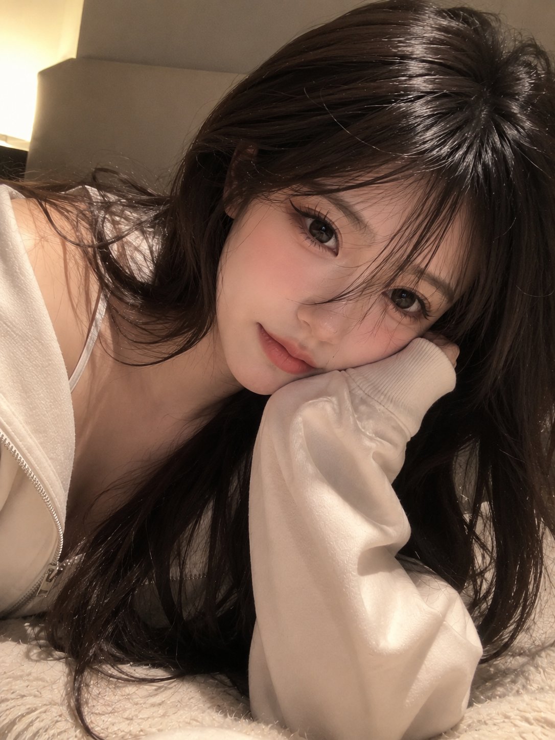 Cream-colored oversized hoodie girl close-up selfie