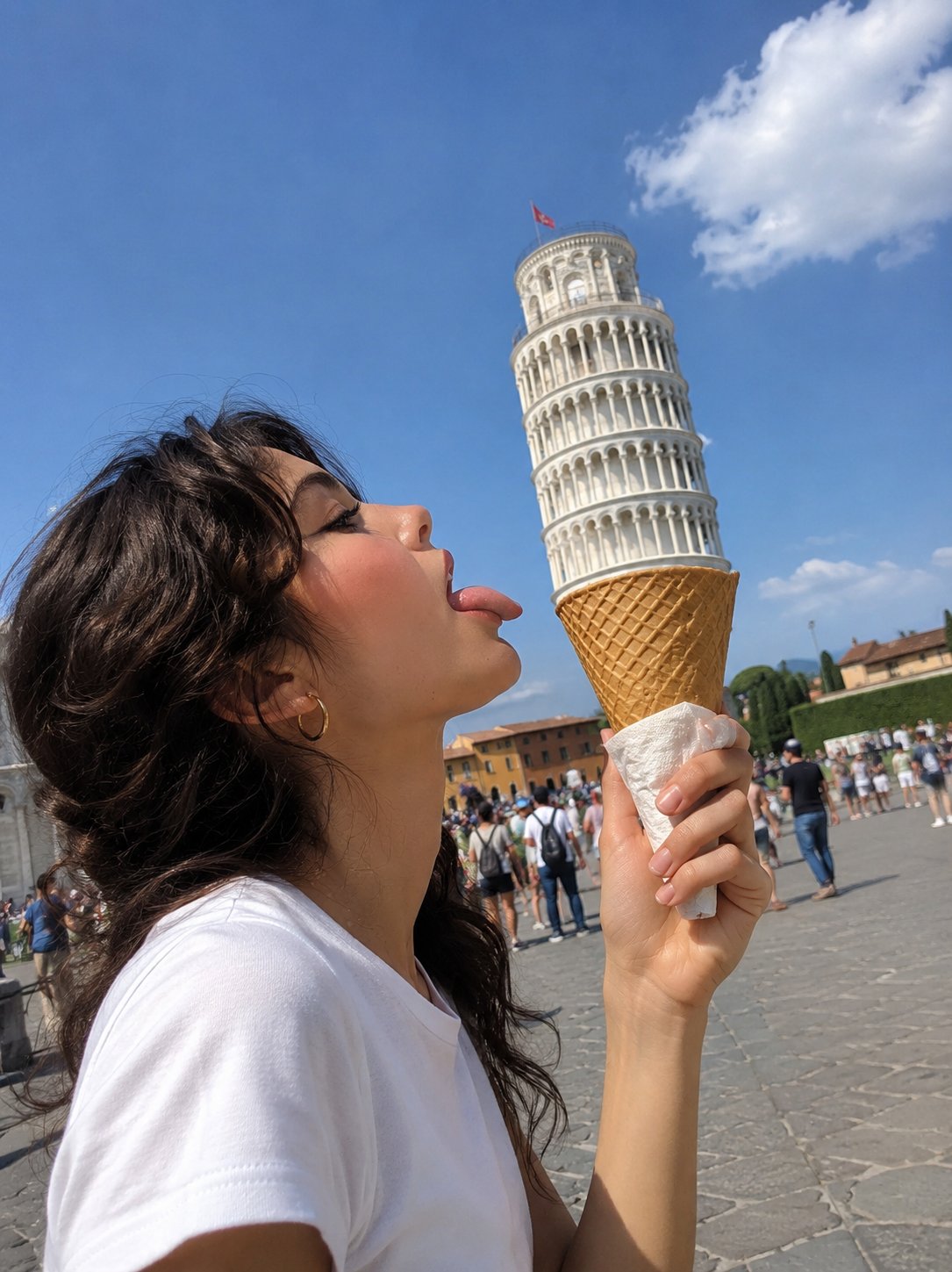 Leaning Tower of Pisa forced perspective ice cream girl.