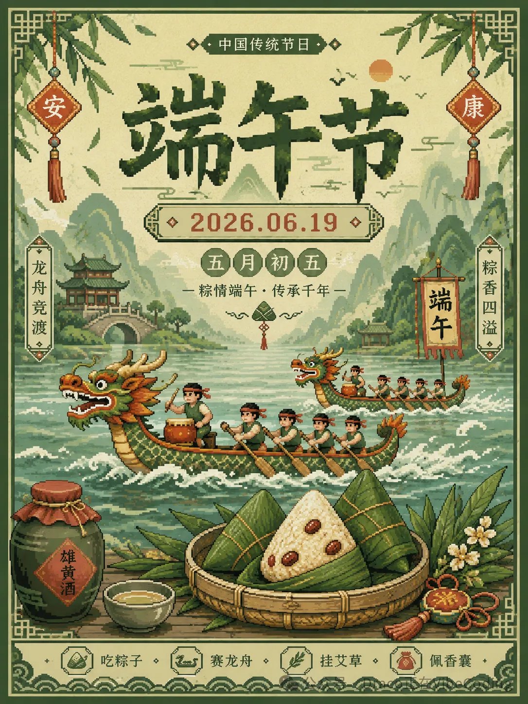 Pixelated Dragon Boat Festival celebration poster