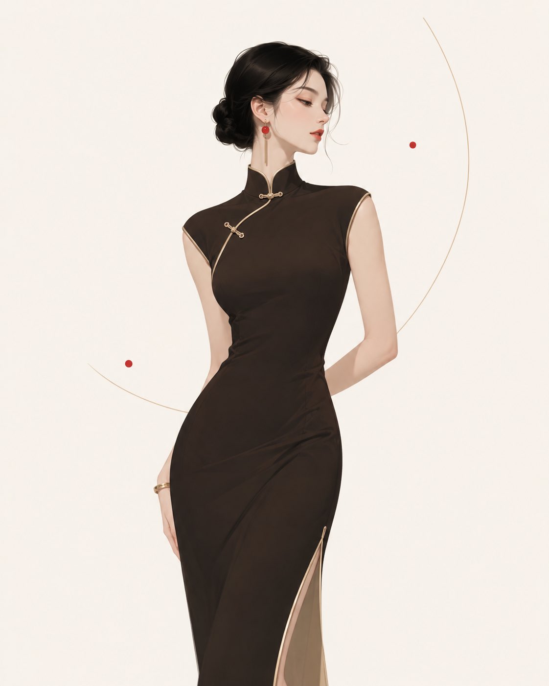 Oriental elegant minimalist modified cheongsam woman illustration