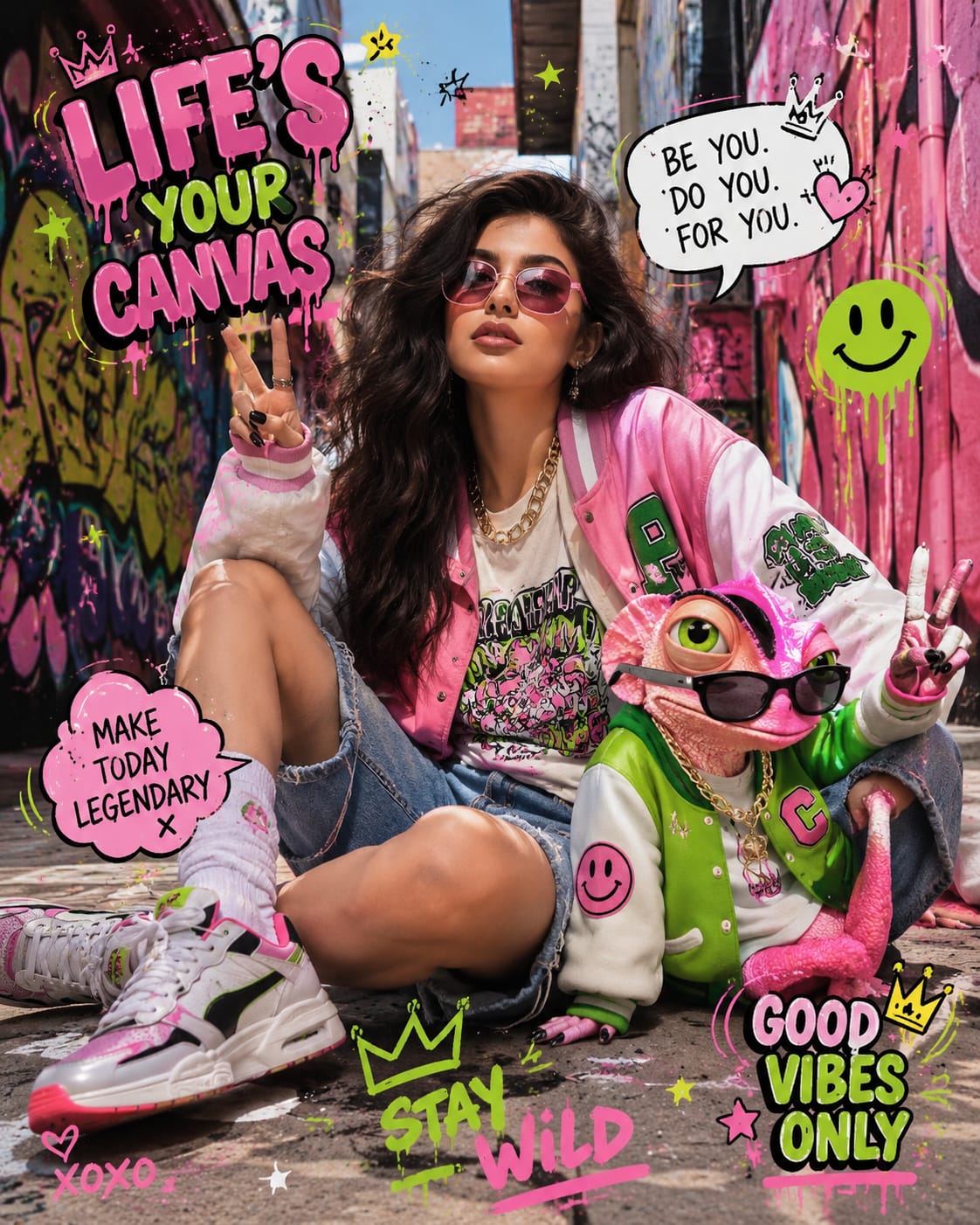 Y2K street fashion editorial with anthropomorphic animal companion
